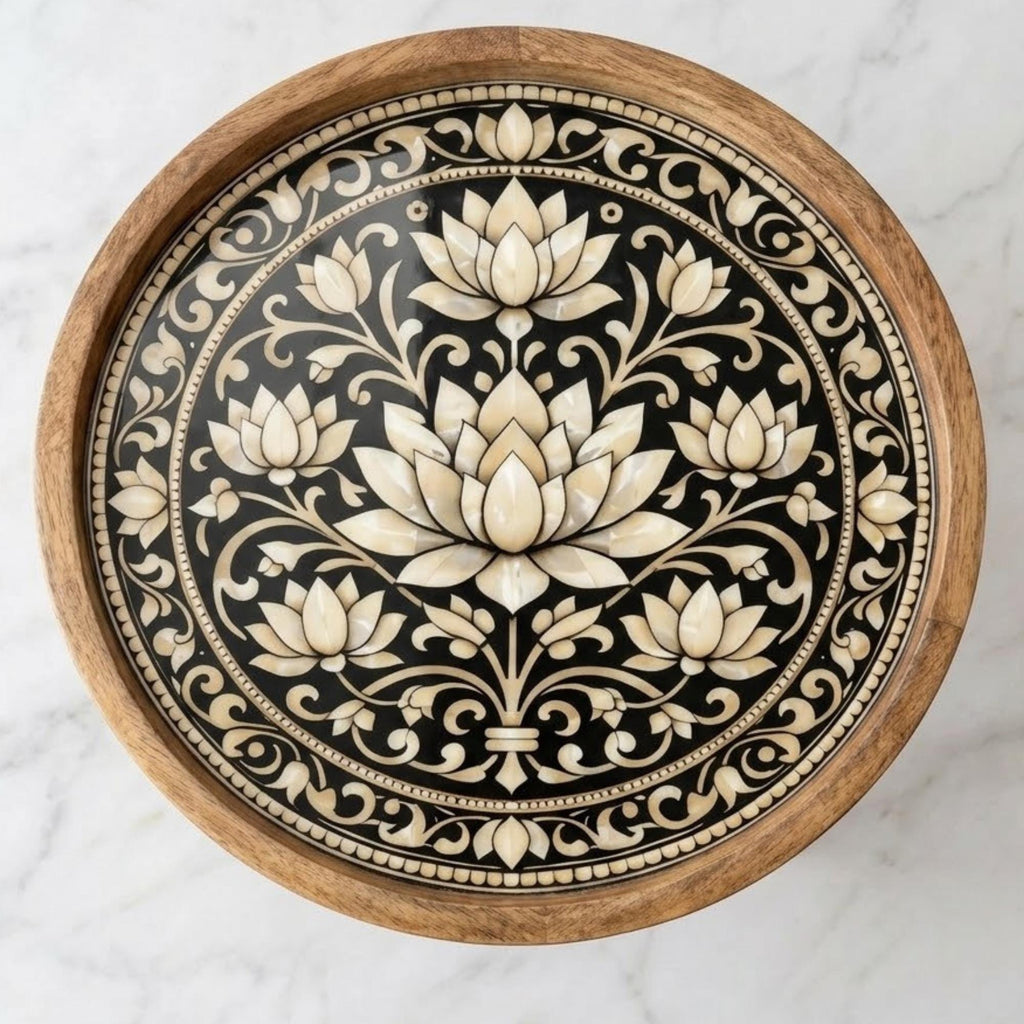 Handmade Mango Wood Side Table with Lotus Print | Boho Round Accent Bedside Table
