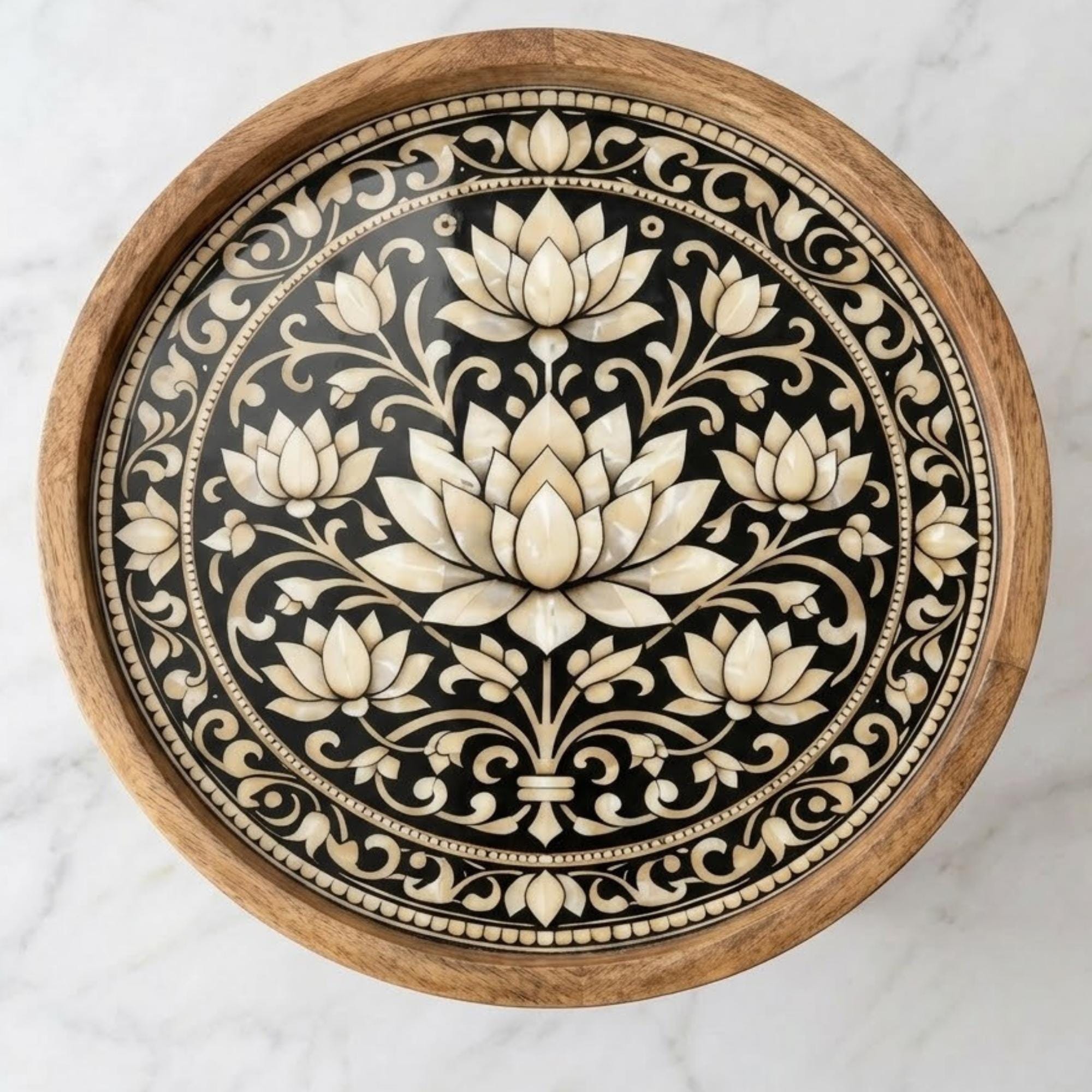 Handmade Mango Wood Side Table with Lotus Print | Boho Round Accent Bedside Table