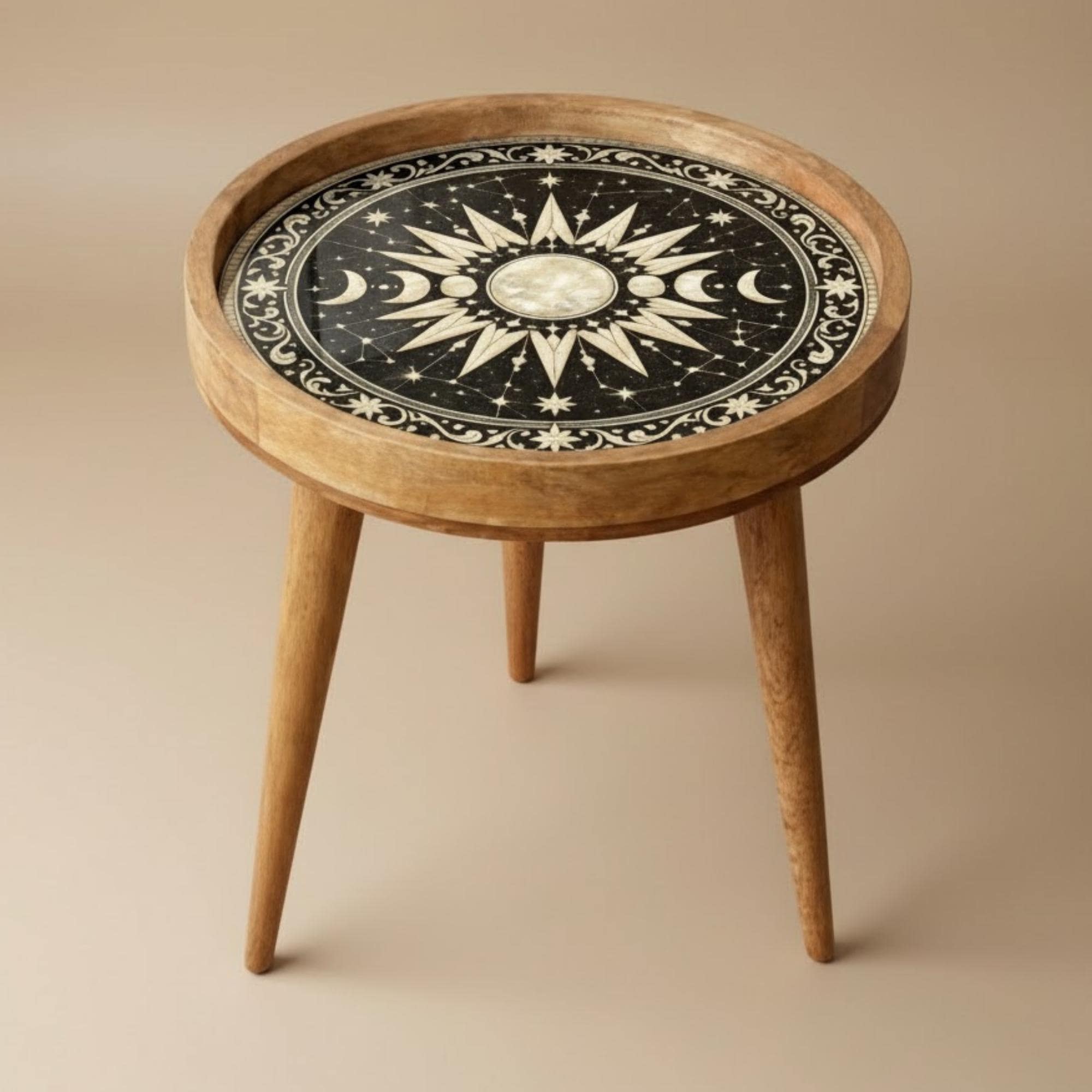 Handmade Mango Wood Side Table | Celestial Moon Phase Print, Boho Accent Table