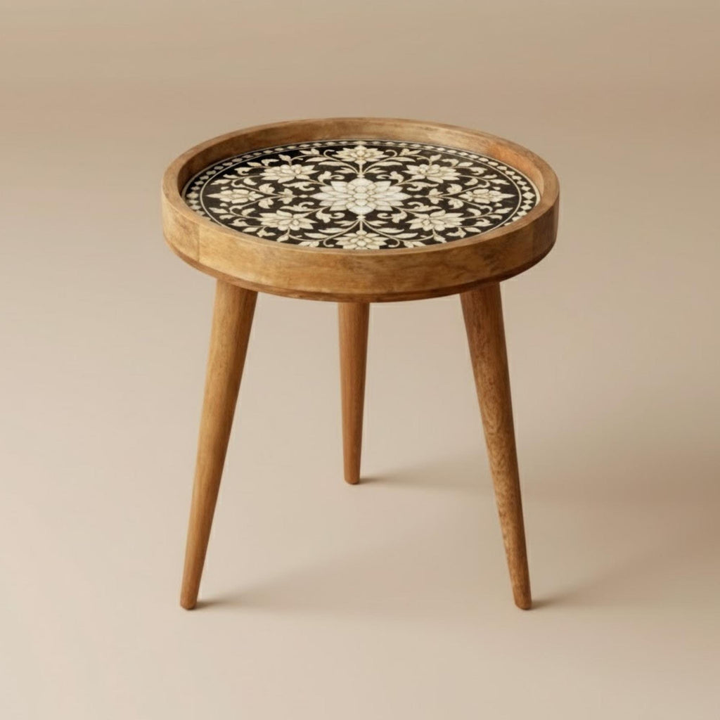 Handmade Mango Wood Side Table | Floral Inlay Accent Table | Boho Living Room Furniture