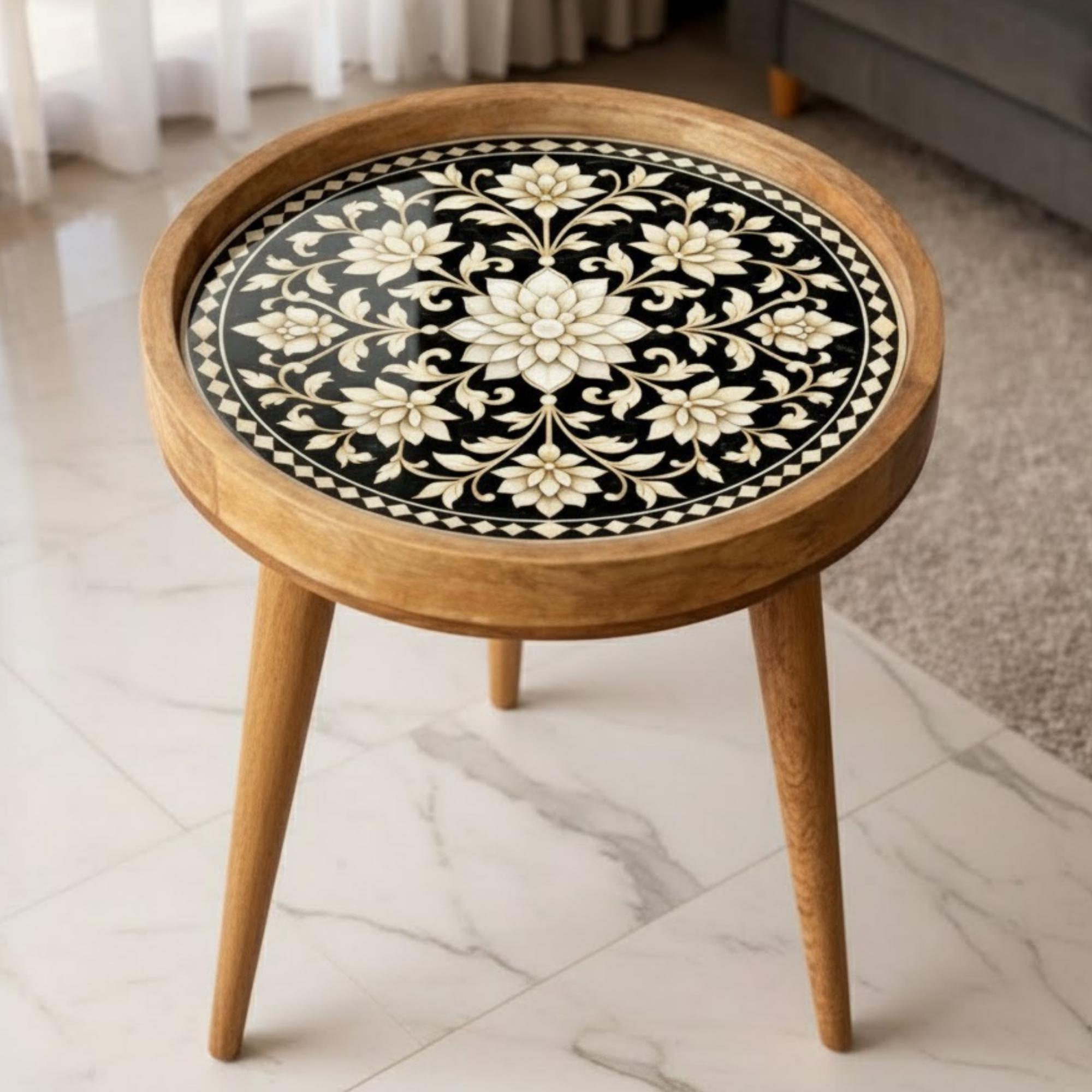 Handmade Mango Wood Side Table | Floral Inlay Accent Table | Boho Living Room Furniture