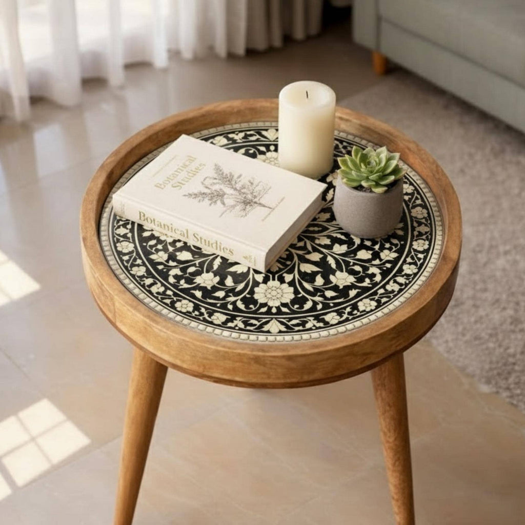 Handmade Mango Wood Side Table | Floral Inlay Round Accent Table