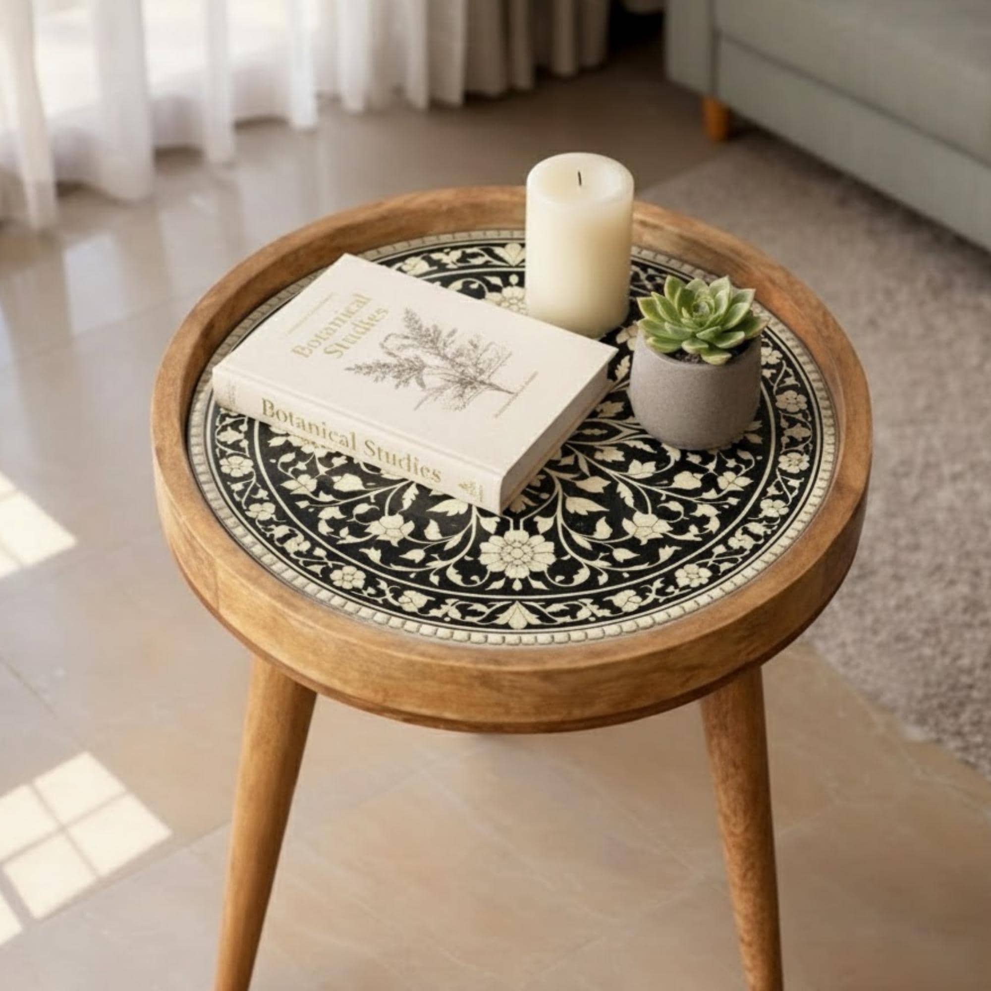 Handmade Mango Wood Side Table | Floral Inlay Round Accent Table