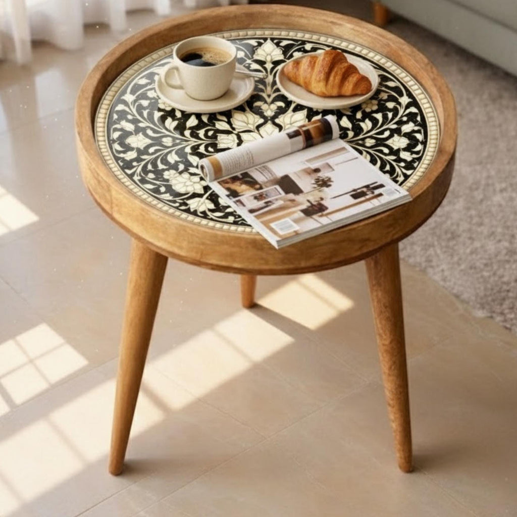 Handmade Mango Wood Side Table | Printed Round Accent Table