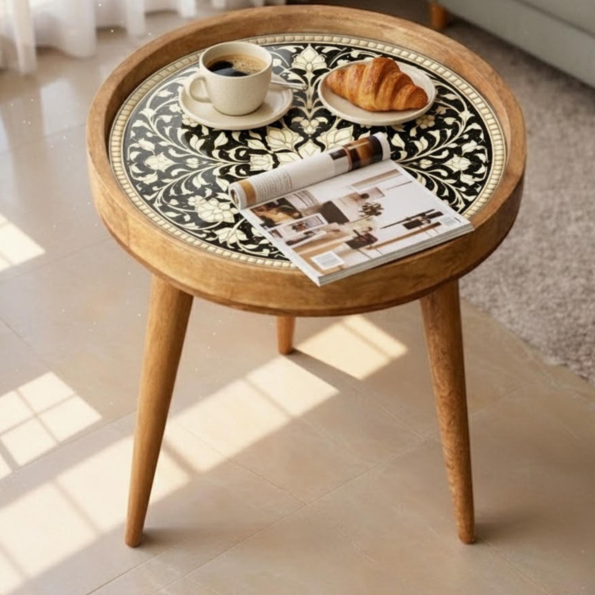 Handmade Mango Wood Side Table | Printed Round Accent Table