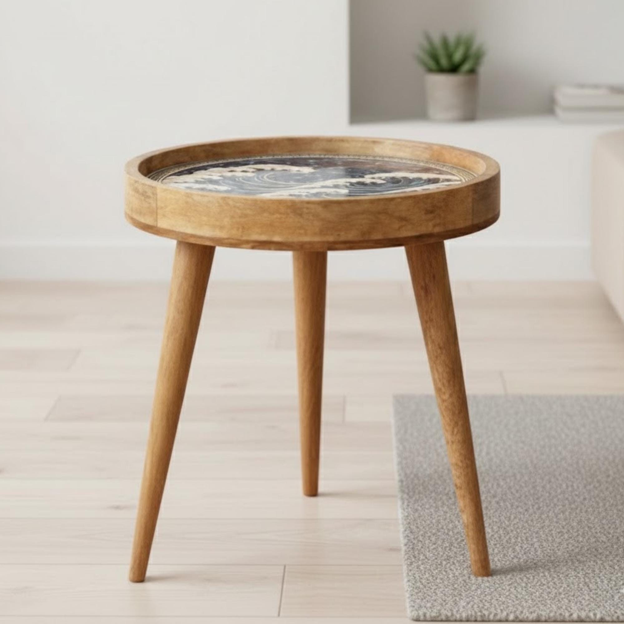 Handmade Mango Wood Side Table | Ocean Wave Art Accent Table