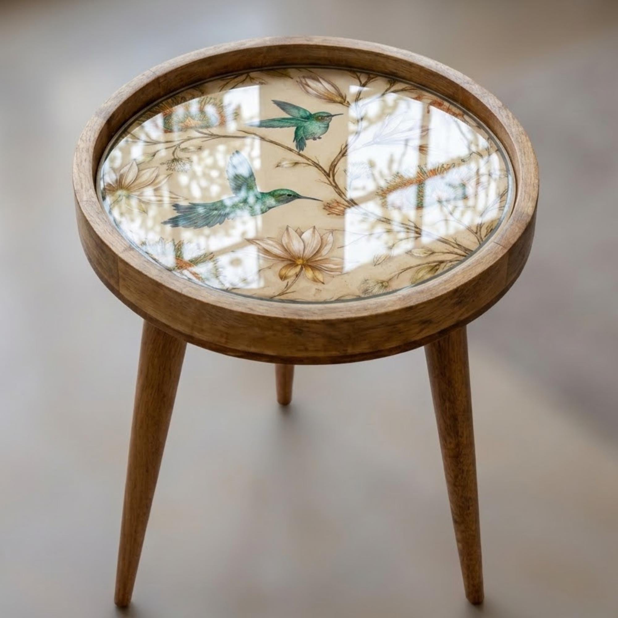 Handmade Mango Wood Side Table | Hummingbird Floral Botanical Accent Table