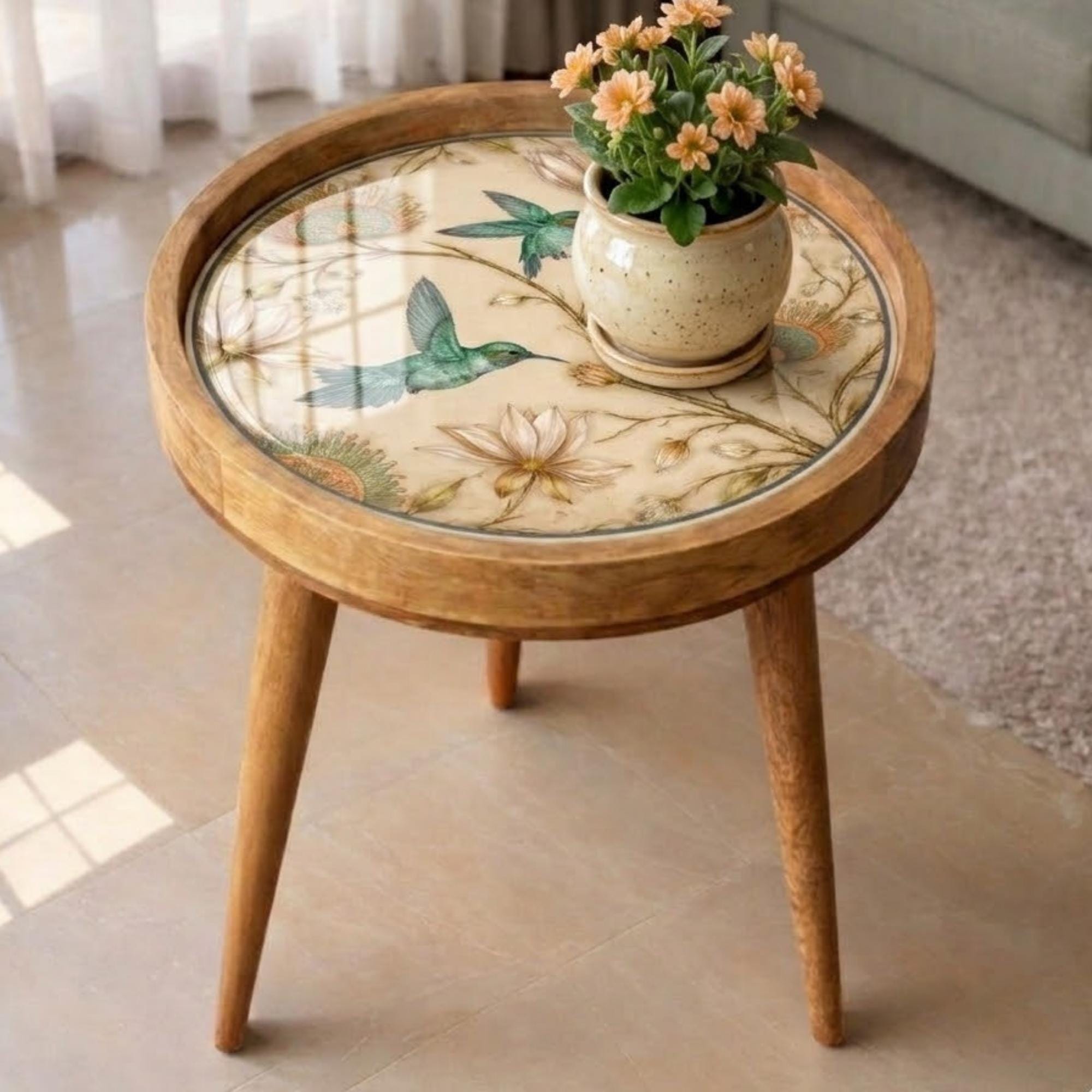Handmade Mango Wood Side Table | Hummingbird Floral Botanical Accent Table