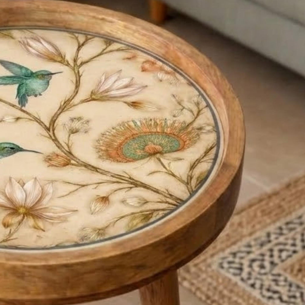 Handmade Mango Wood Side Table | Hummingbird Floral Botanical Accent Table