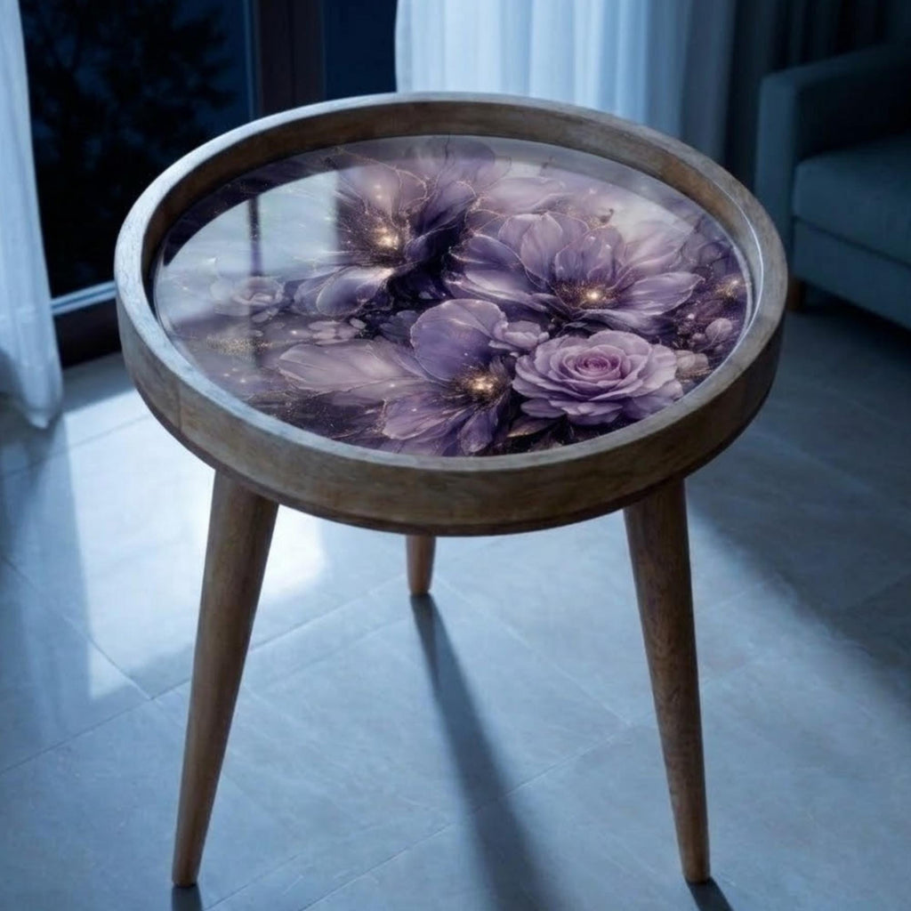 Handmade Mango Wood Side Table | Purple Rose Floral Art Top, Mid-Century Boho Home Decor