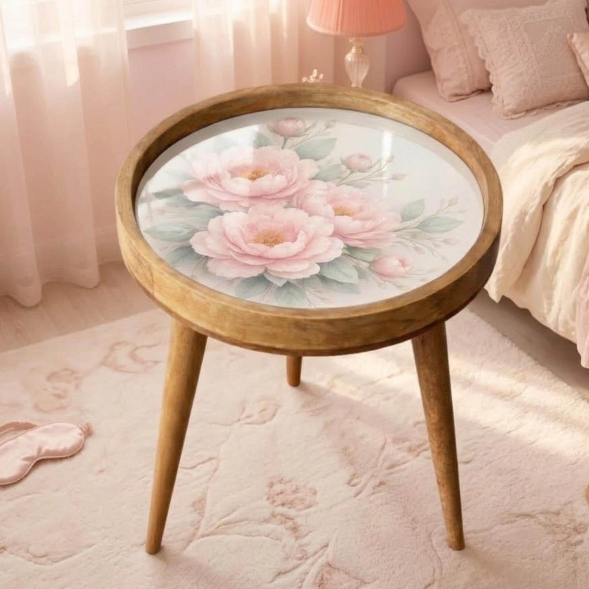 Mango Wood Floral Side Table | Pink Peony Glass Top Nightstand | Boho Bedroom Accent