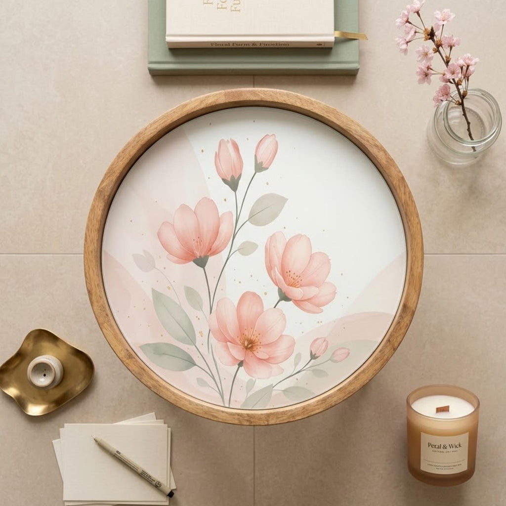 Mango Wood Side Table | Watercolor Pink Floral Print, Glass Top Nightstand | Boho Accent Table
