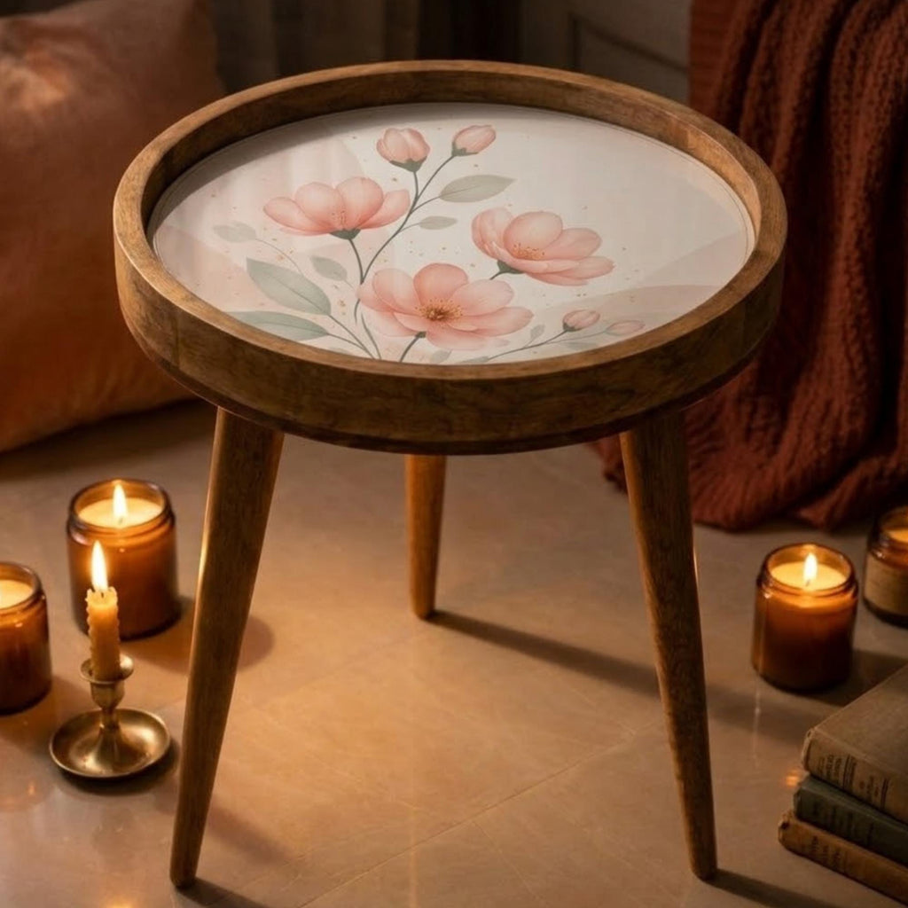 Mango Wood Side Table | Watercolor Pink Floral Print, Glass Top Nightstand | Boho Accent Table