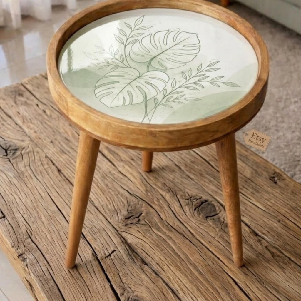 Mango Wood Side Table | Monstera Leaf Print, Glass Top Nightstand | Boho Tropical Accent