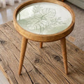 Mango Wood Side Table | Monstera Leaf Print, Glass Top Nightstand | Boho Tropical Accent