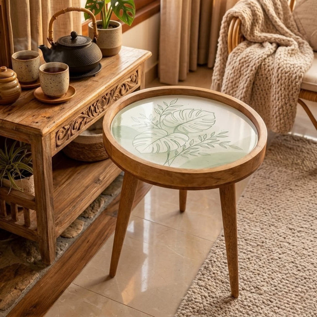 Mango Wood Side Table | Monstera Leaf Print, Glass Top Nightstand | Boho Tropical Accent