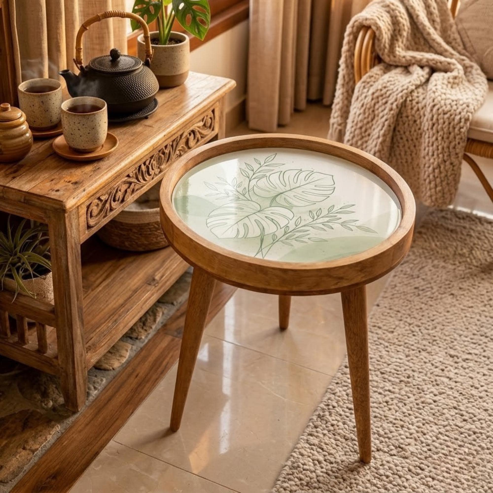 Mango Wood Side Table | Monstera Leaf Print, Glass Top Nightstand | Boho Tropical Accent