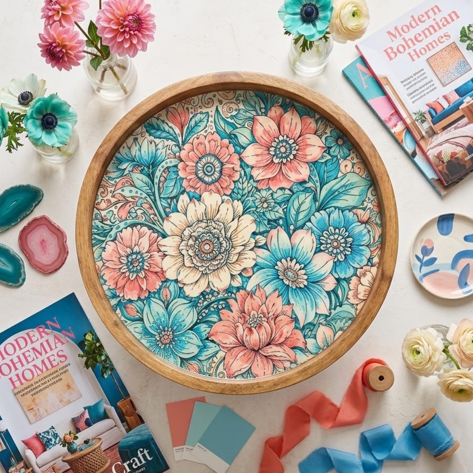 Mango Wood Side Table | Boho Floral Nightstand | Teal Pink Vintage (15" Diameter, 18" Height)