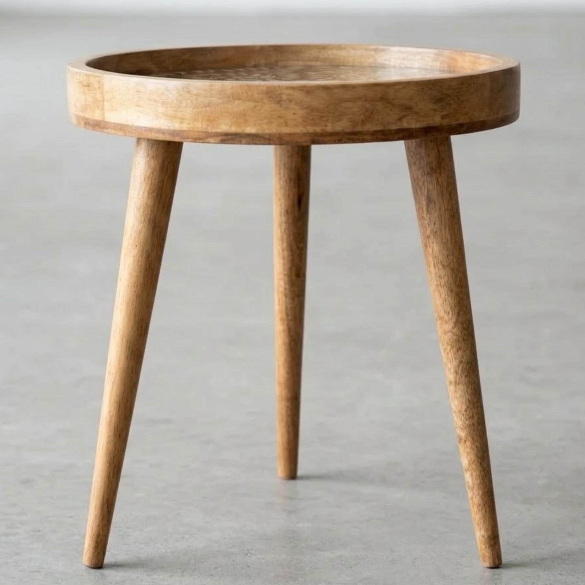 Mango Wood Side Table | Navy Gold Floral Print, Handmade Nightstand, Botanical Accent Table