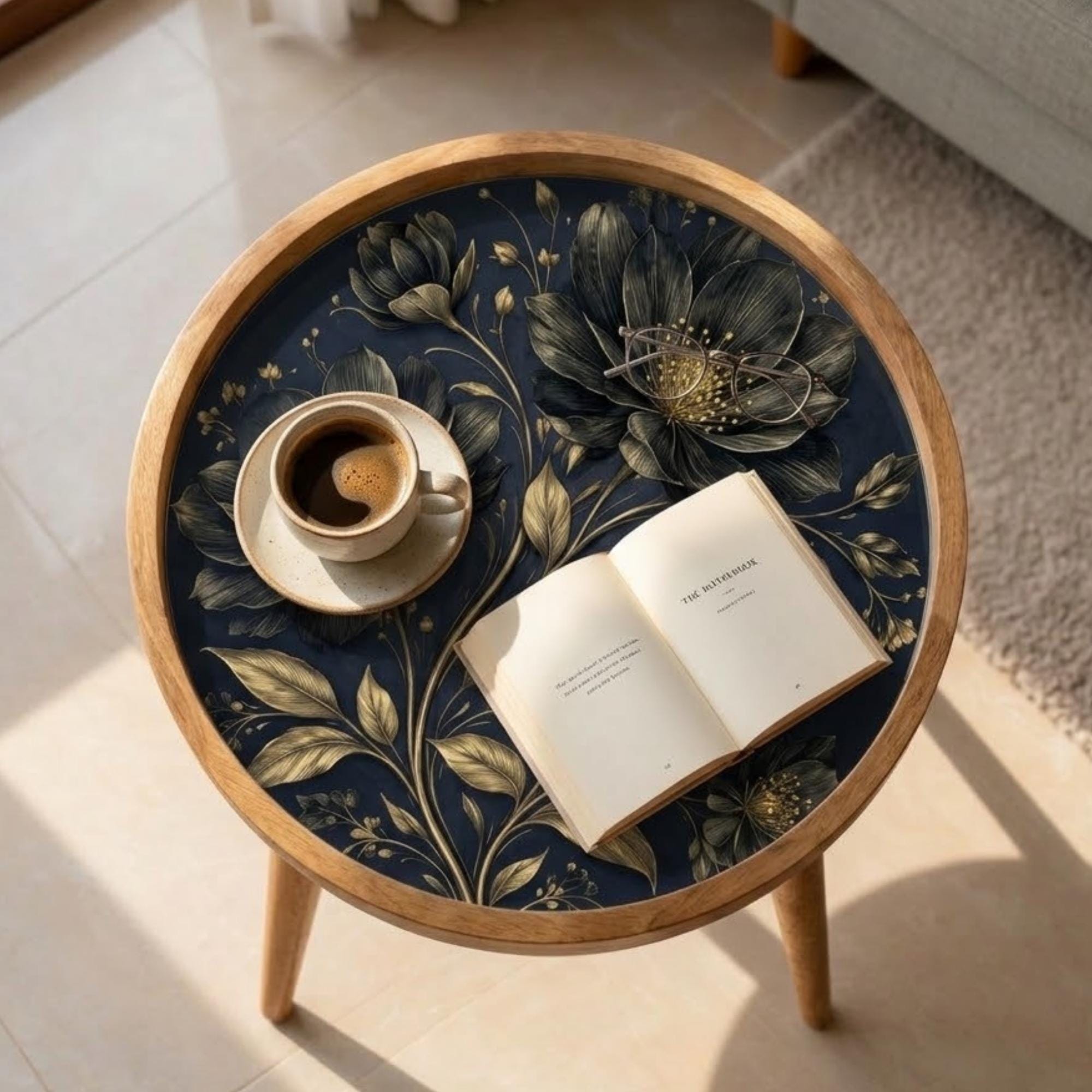 Mango Wood Side Table | Navy Gold Floral Print, Handmade Nightstand, Botanical Accent Table
