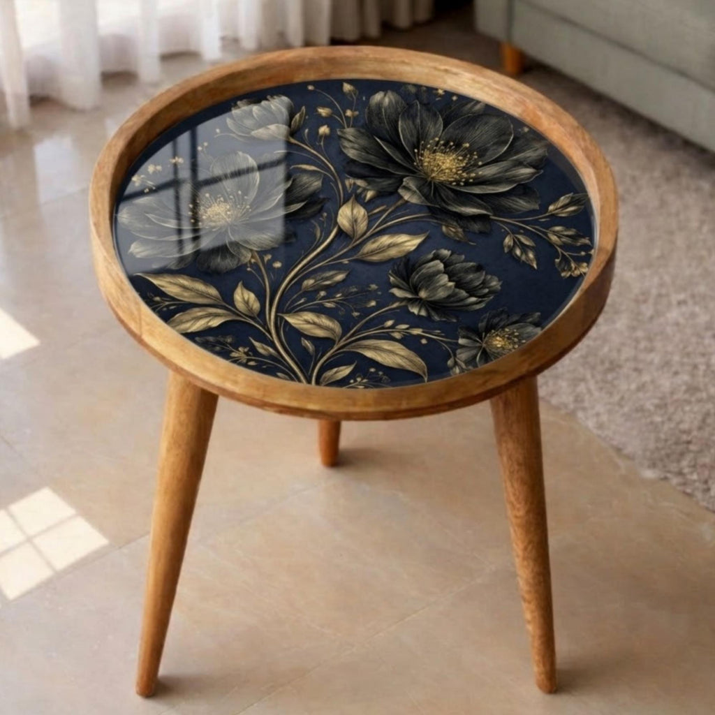 Mango Wood Side Table | Navy Gold Floral Print, Handmade Nightstand, Botanical Accent Table