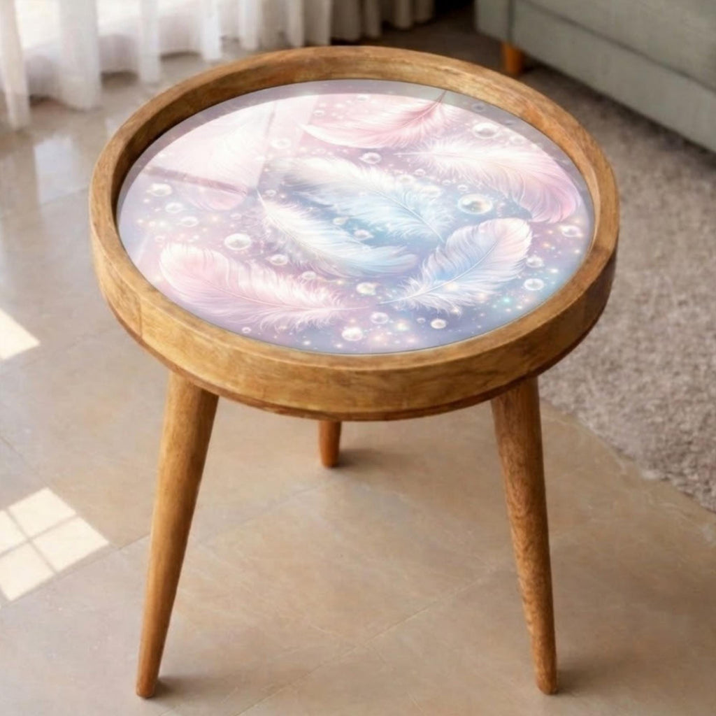 Printed Mango Wood Side Table | Dreamy Feather Round End Table | Handmade Nightstand