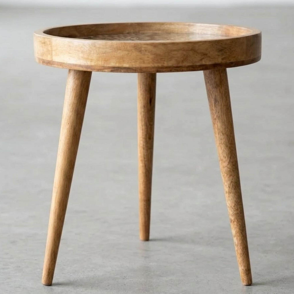 Printed Mango Wood Side Table | Dreamy Feather Round End Table | Handmade Nightstand