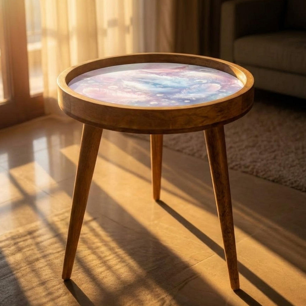 Printed Mango Wood Side Table | Dreamy Feather Round End Table | Handmade Nightstand
