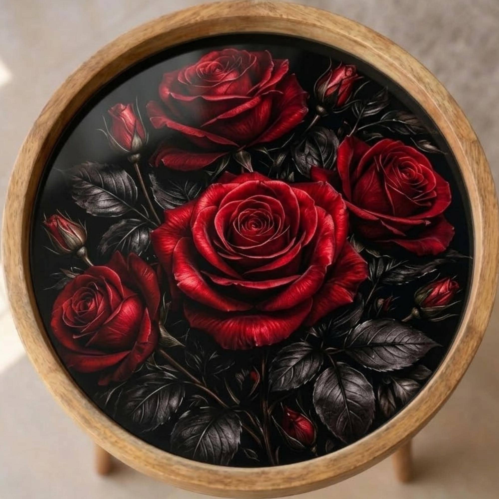 Printed Mango Wood Side Table | Dark Floral Red Rose Round End Table