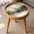 Mango Wood Side Table | Blush Pink Gold Marble Art Nightstand | Modern Luxe Accent Table
