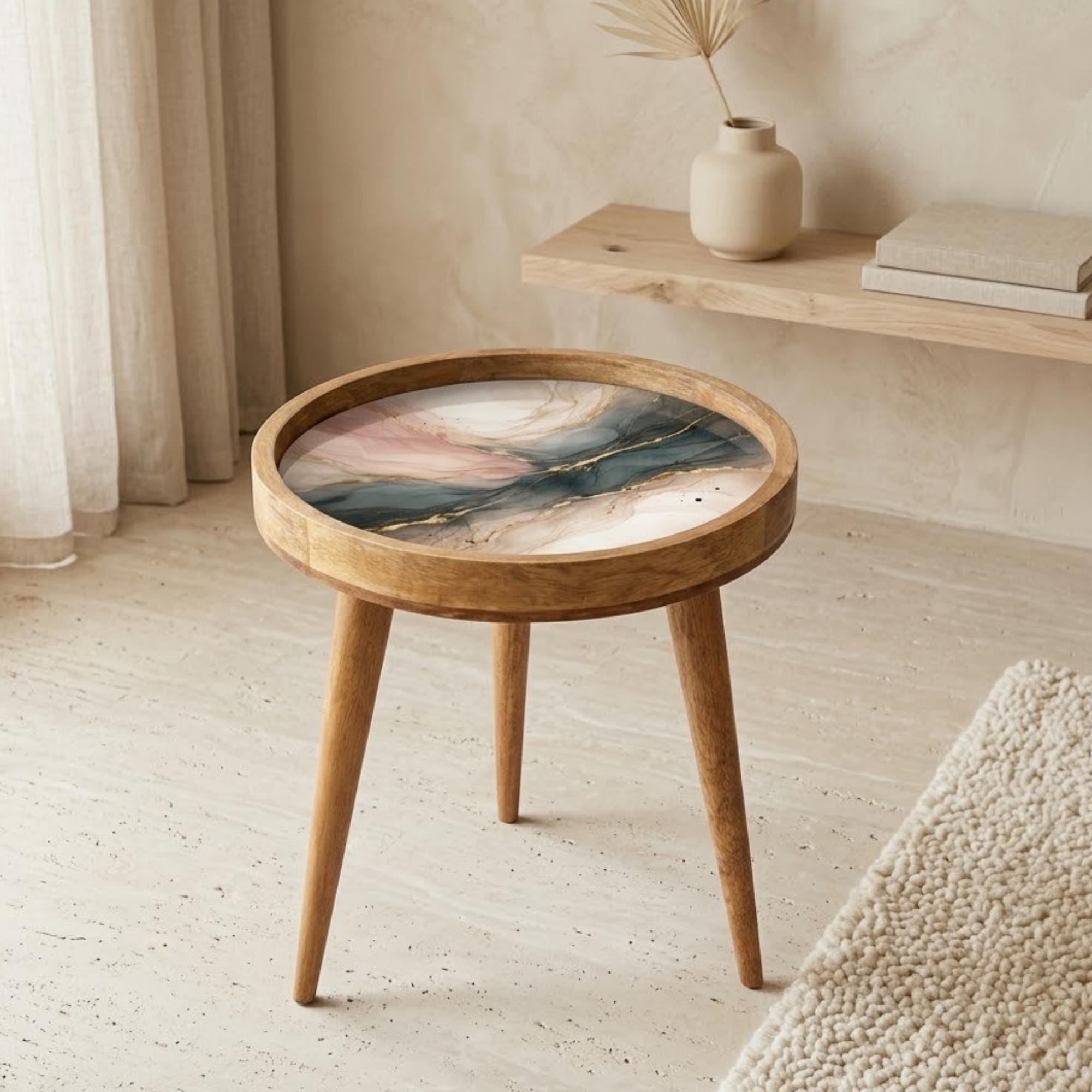 Mango Wood Side Table | Blush Pink Gold Marble Art Nightstand | Modern Luxe Accent Table