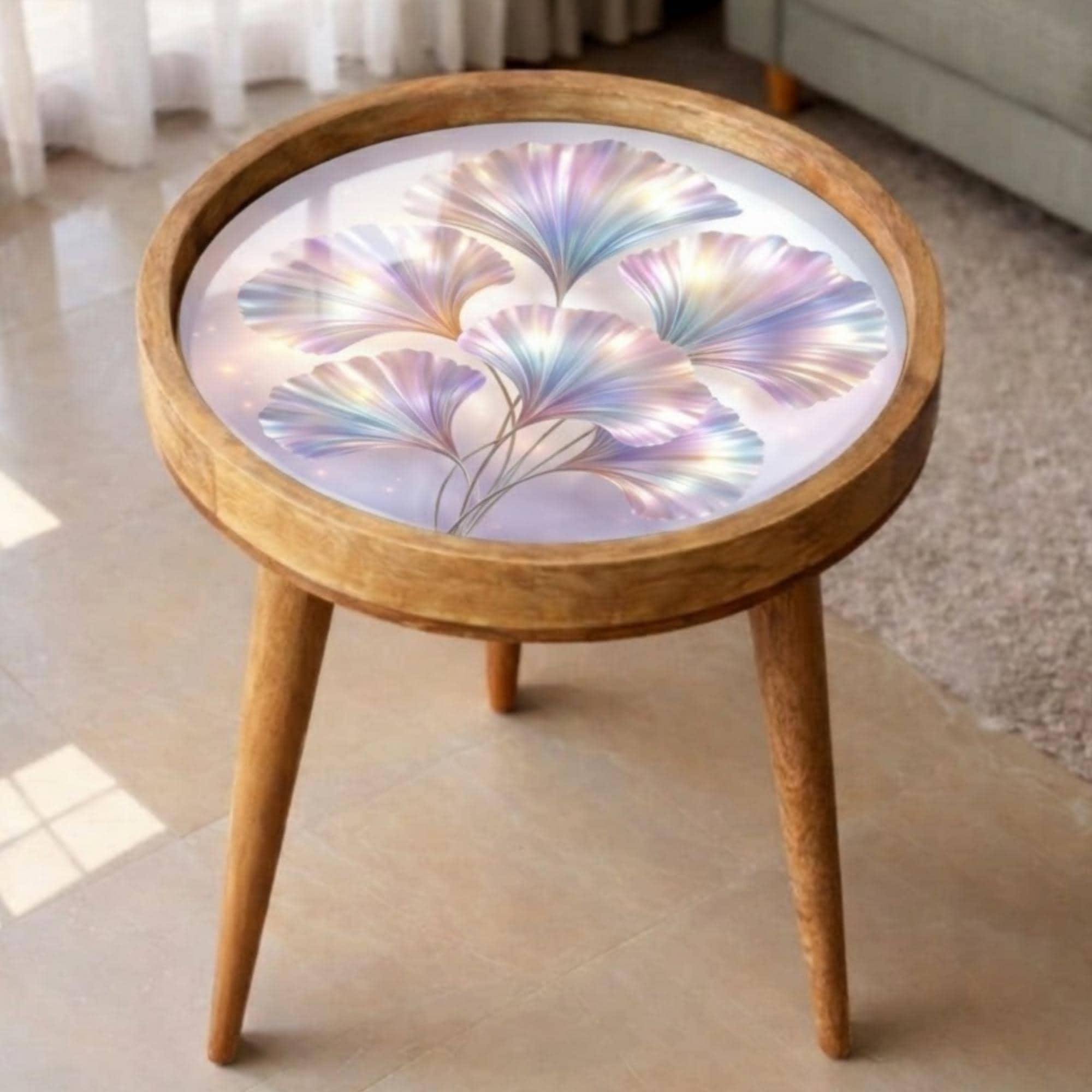 Mango Wood Round Side Table | Holographic Floral Print, Glass Top Nightstand