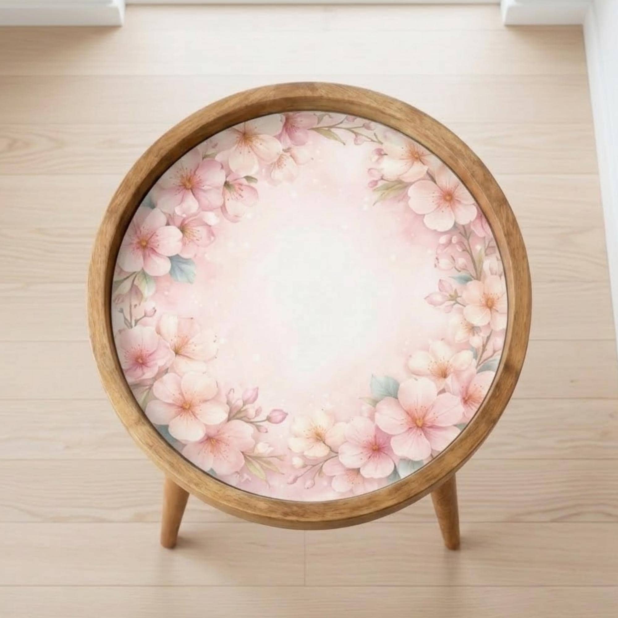 Printed Mango Wood Side Table | Cherry Blossom Round Nightstand | Handmade Sakura Accent Table