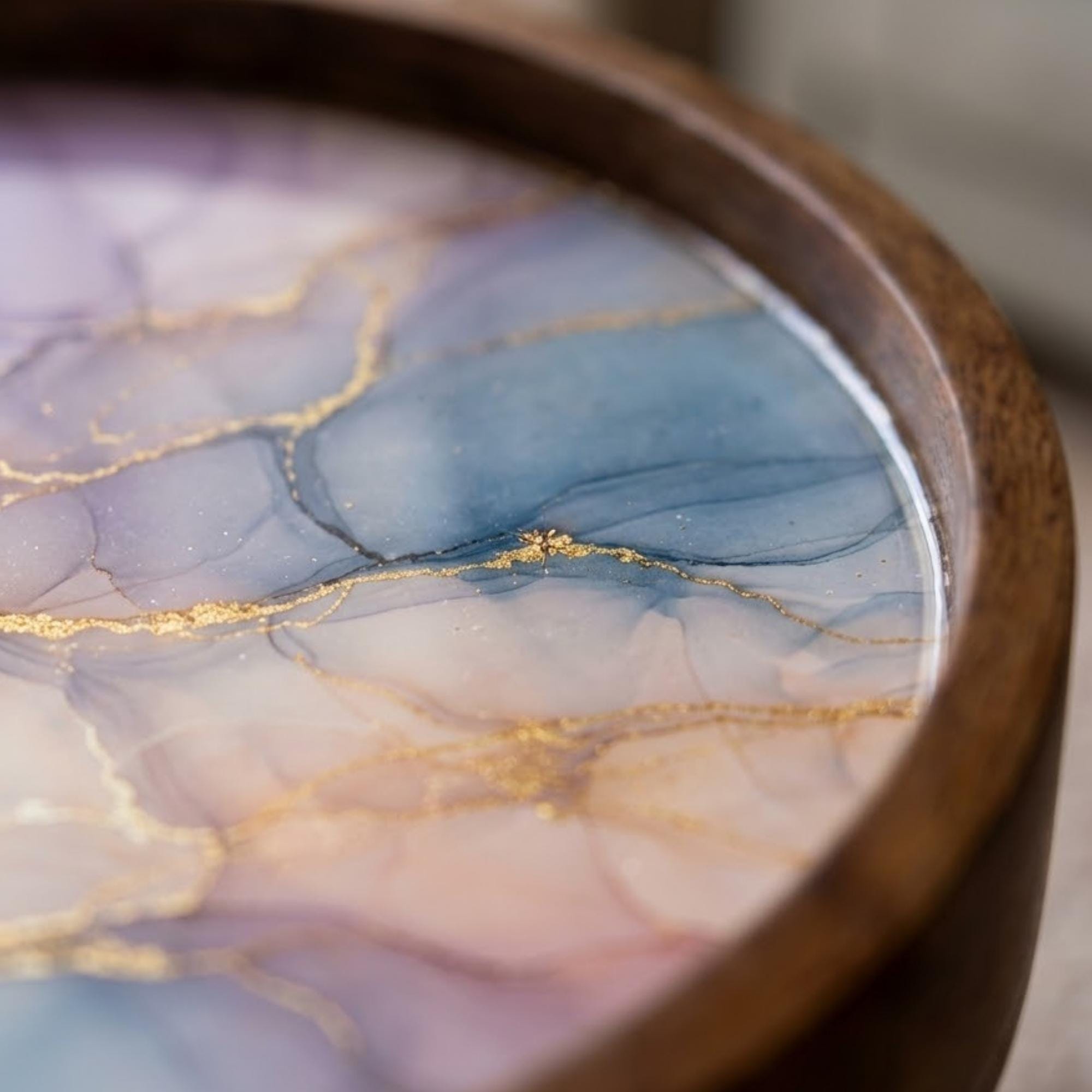 Mango Wood Side Table | Pastel Alcohol Ink Marble Print, Glass Top Accent Table