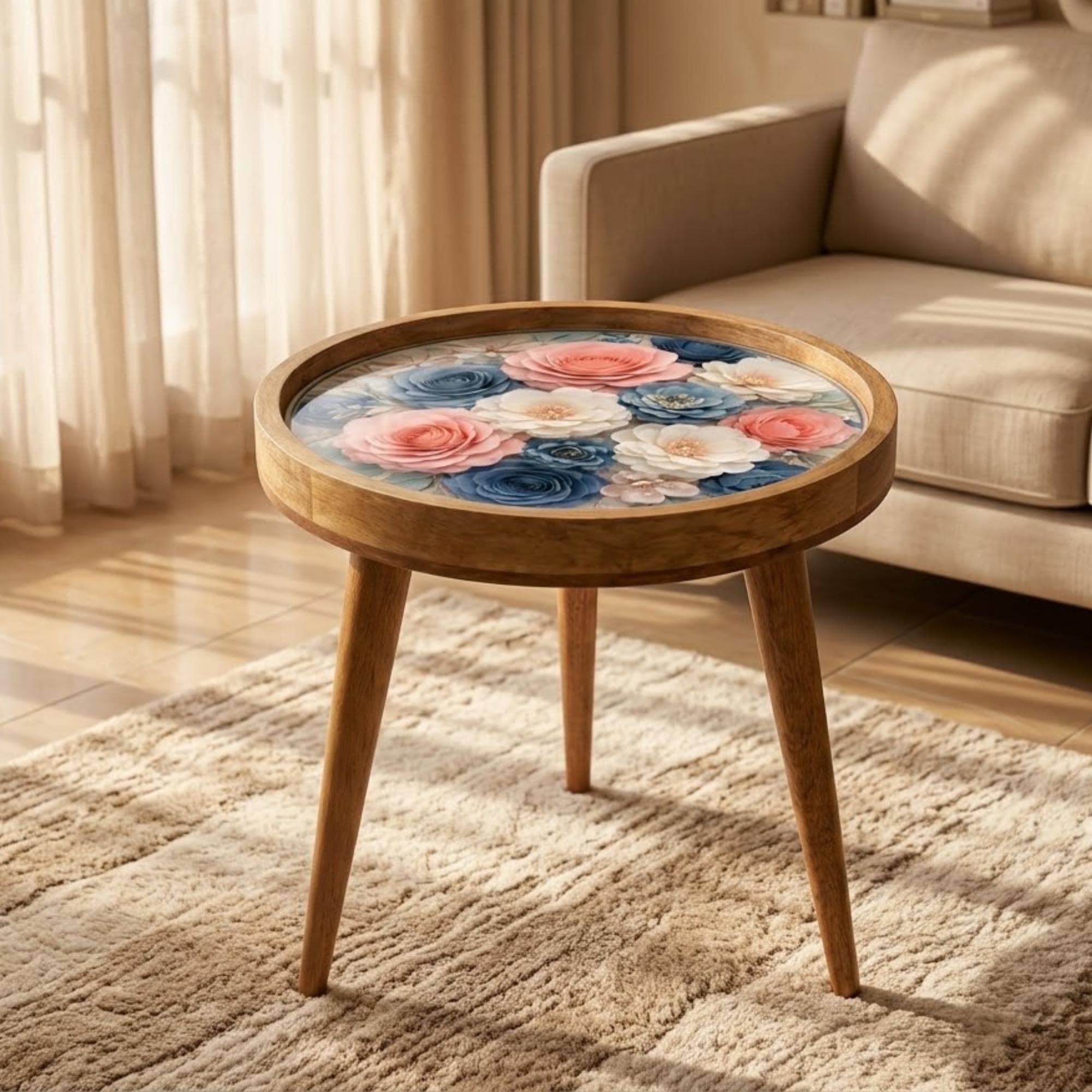 Handmade Floral Mango Wood Side Stool | Round End Stand Printed Art