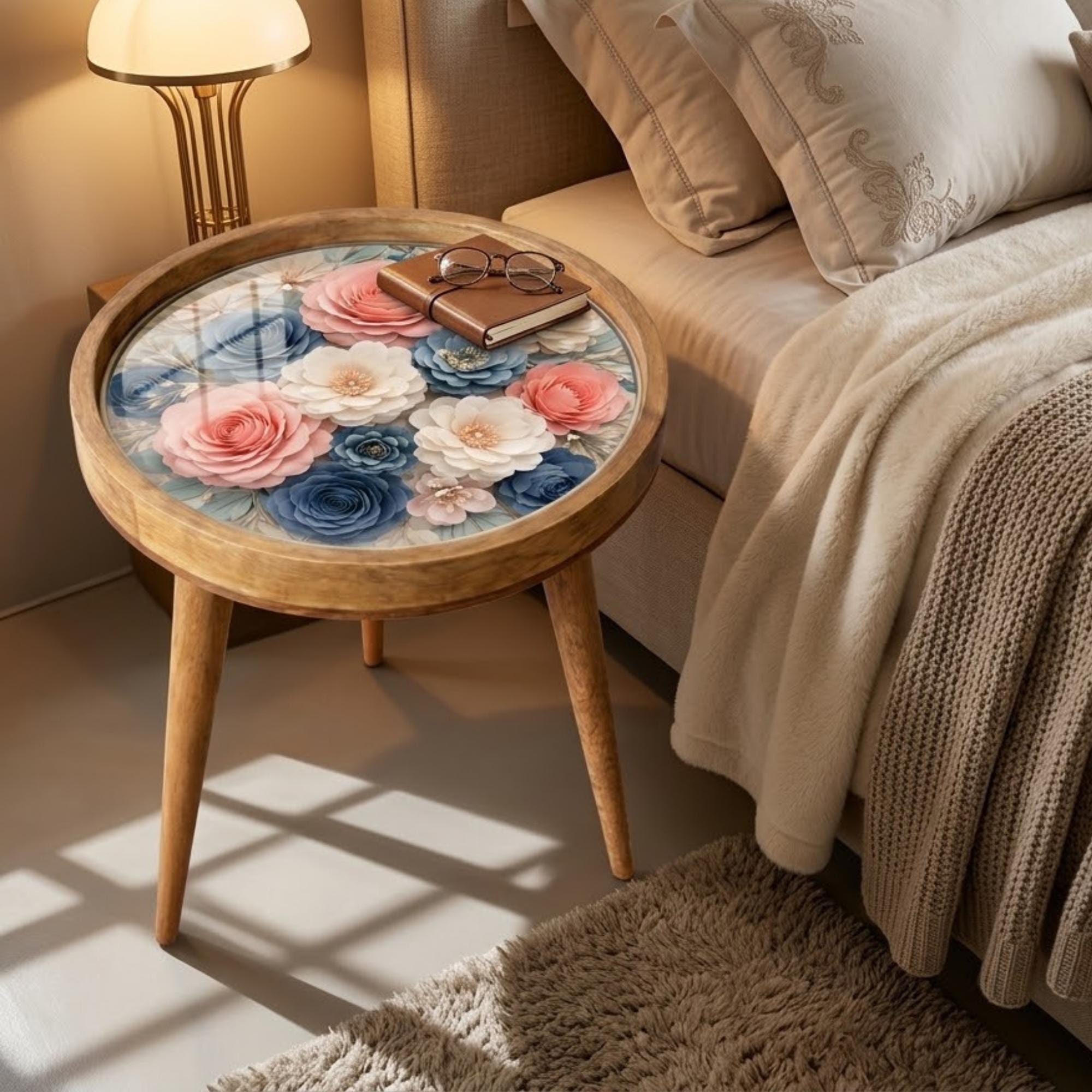 Handmade Floral Mango Wood Side Stool | Round End Stand Printed Art