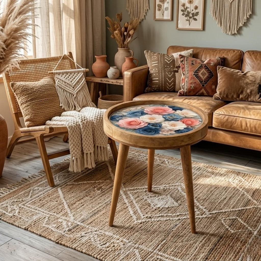 Handmade Floral Mango Wood Side Stool | Round End Stand Printed Art