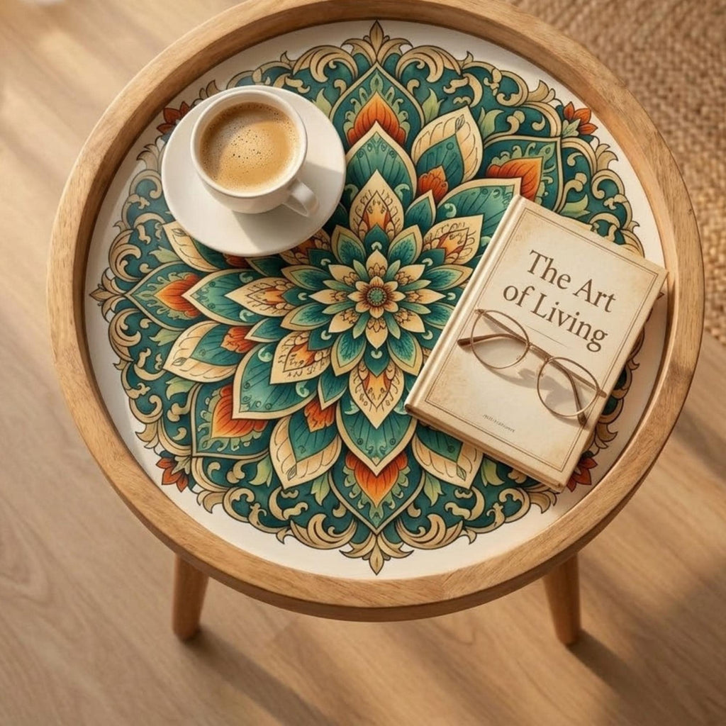 Handmade Mandala Mango Wood Side Stool | Round End Stand Printed Art