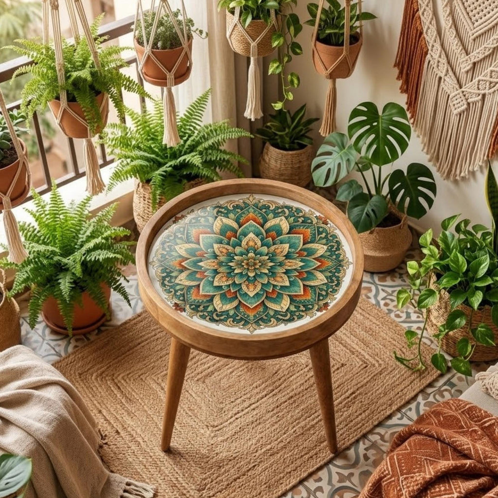 Handmade Mandala Mango Wood Side Stool | Round End Stand Printed Art