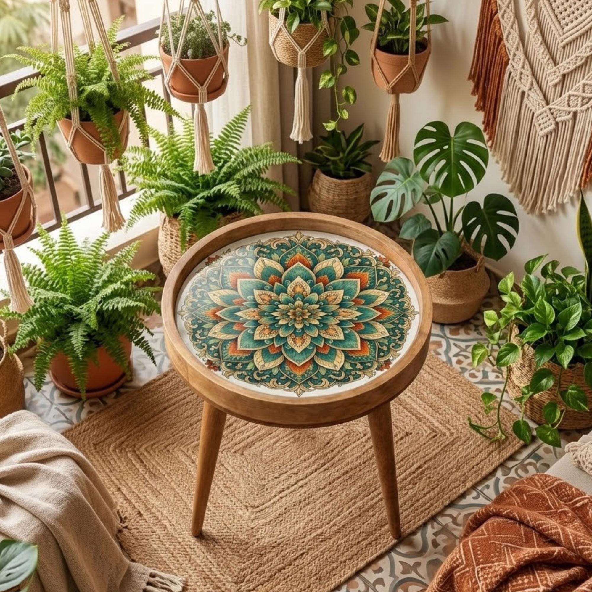 Handmade Mandala Mango Wood Side Stool | Round End Stand Printed Art
