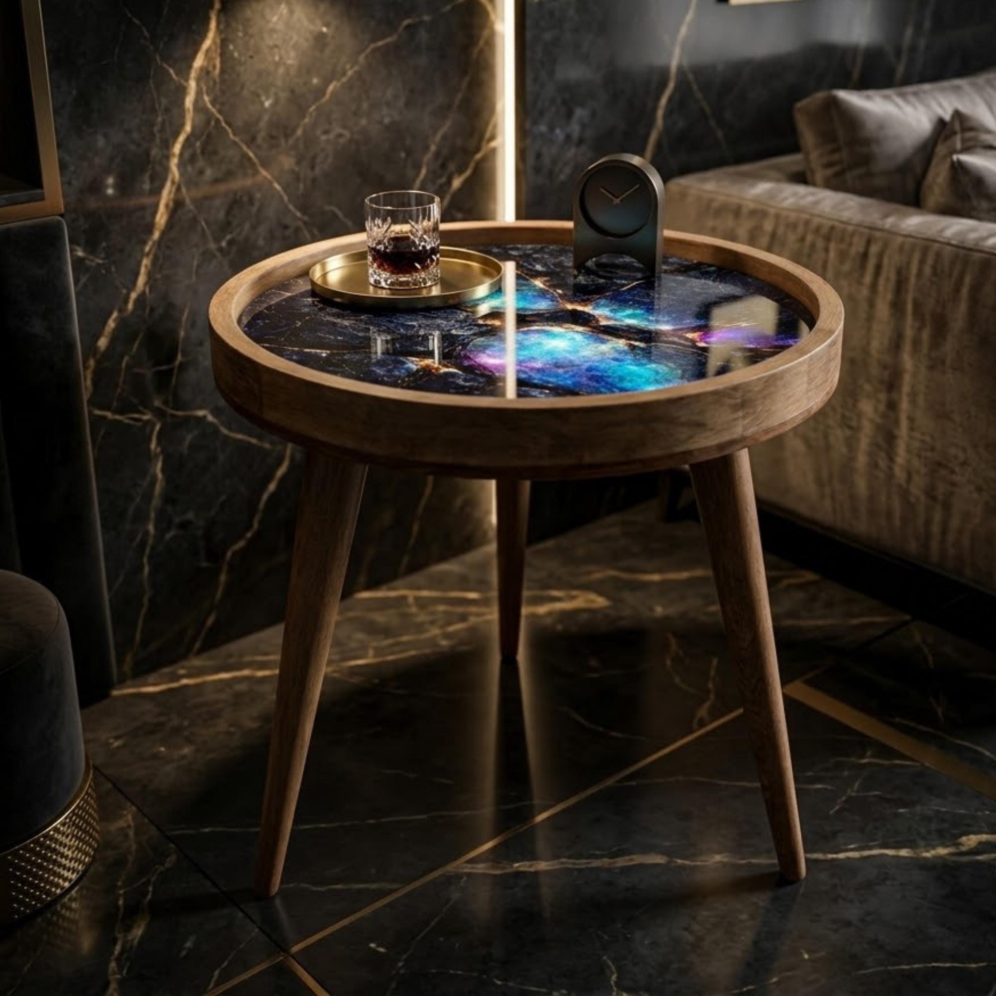 Handmade Galaxy Mango Wood Side Stool | Round End Stand Printed Design