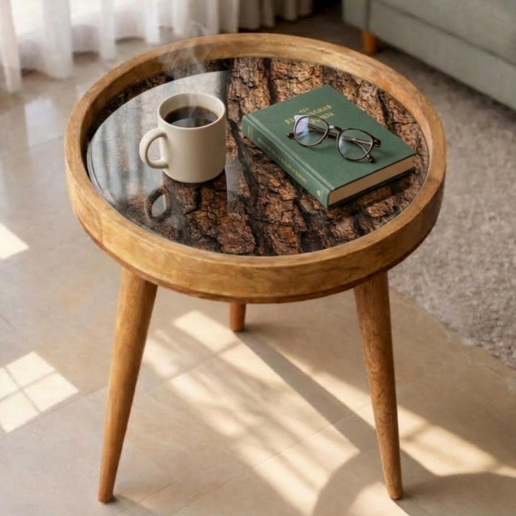Handmade Mango Wood Round Side Stand | Rustic Printed End Furniture | Glass Top Accent Stool