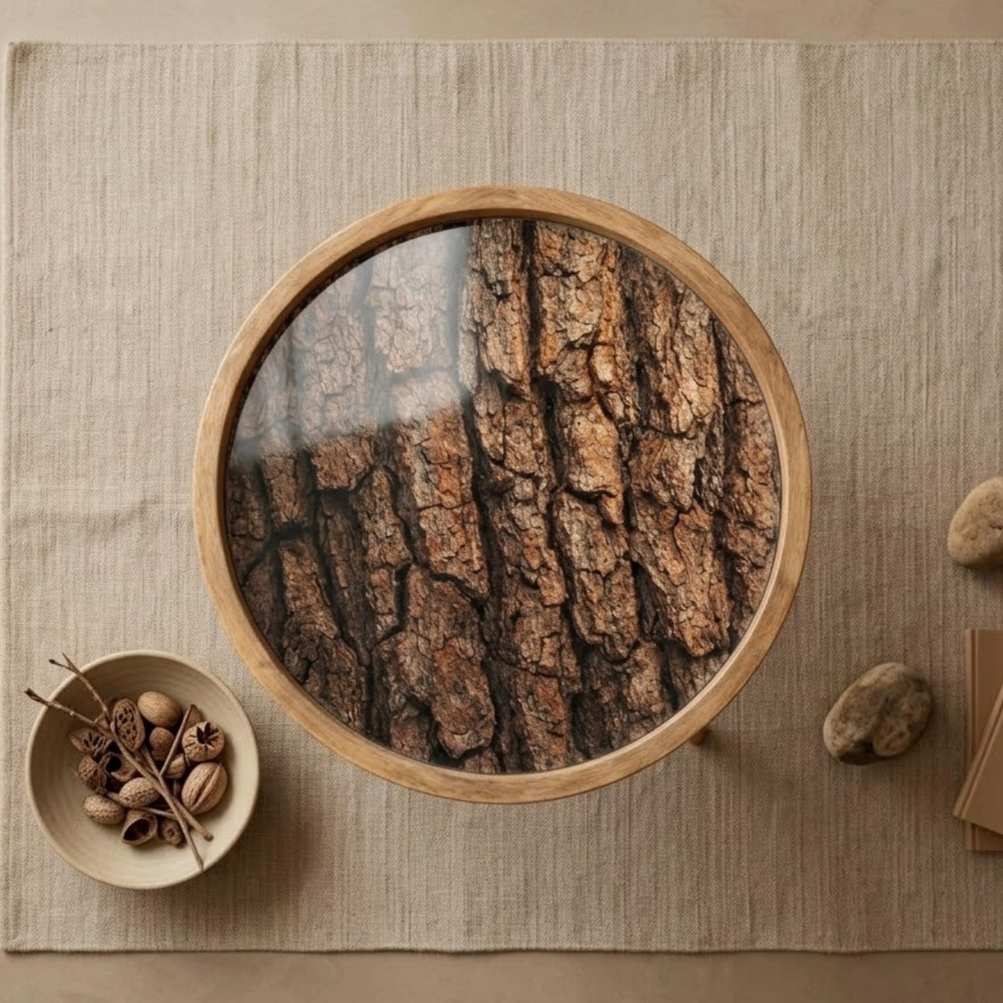 Handmade Mango Wood Round Side Stand | Rustic Printed End Furniture | Glass Top Accent Stool