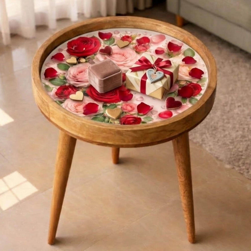 Handmade Mango Wood Side Table | Rose Printed Glass Top Accent Furniture