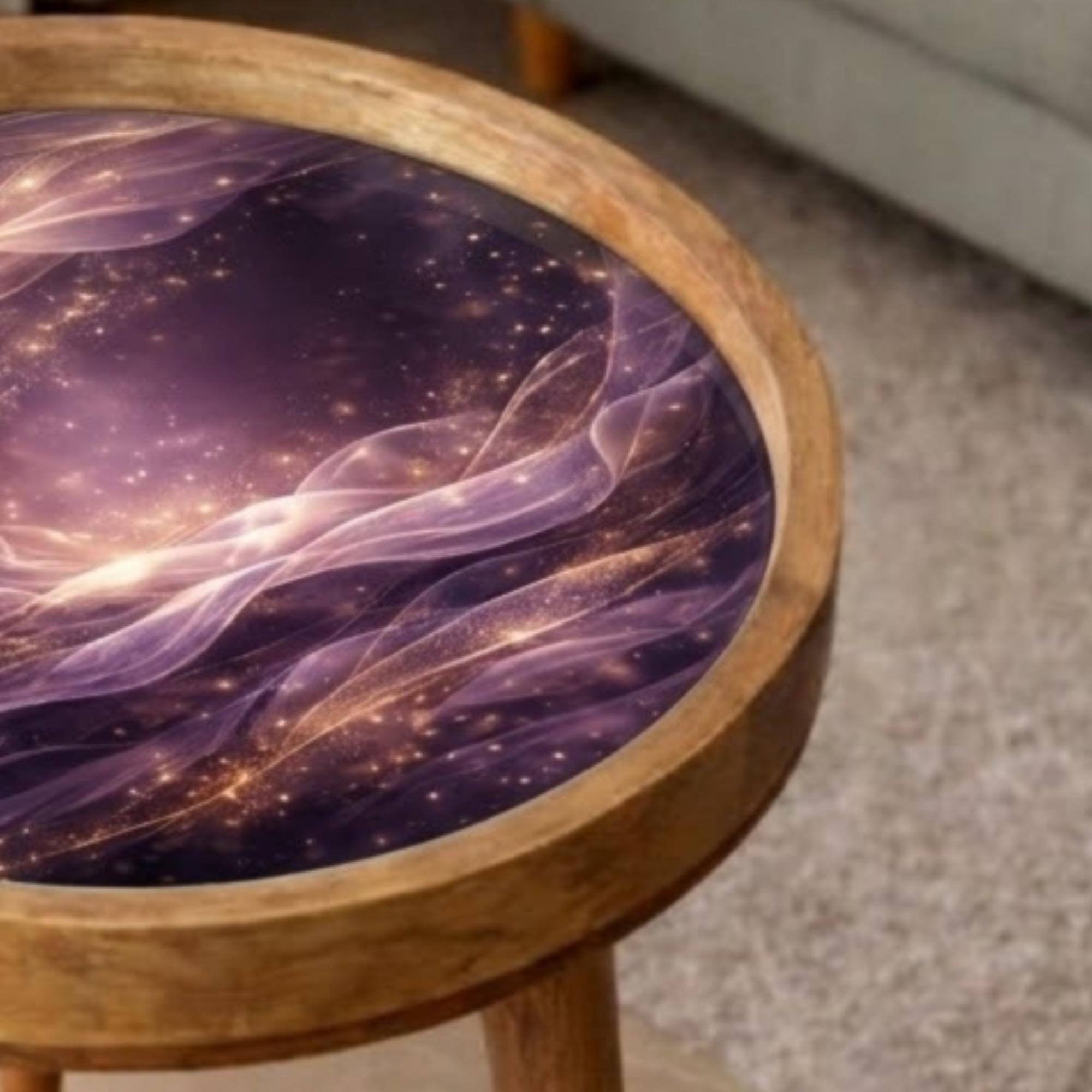 Handmade Mango Wood Side Table | Abstract Galaxy Glass Top Accent Furniture