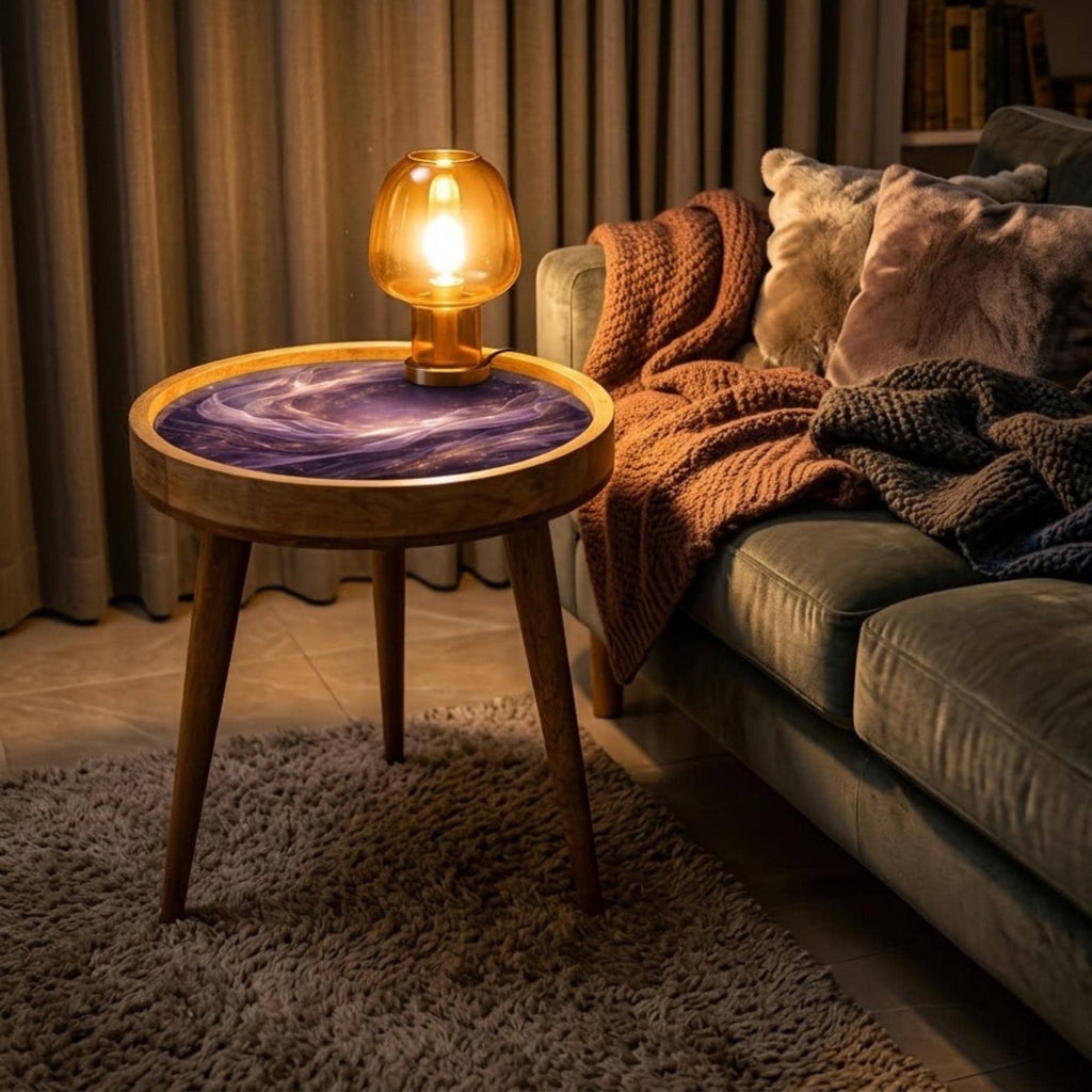 Handmade Mango Wood Side Table | Abstract Galaxy Glass Top Accent Furniture
