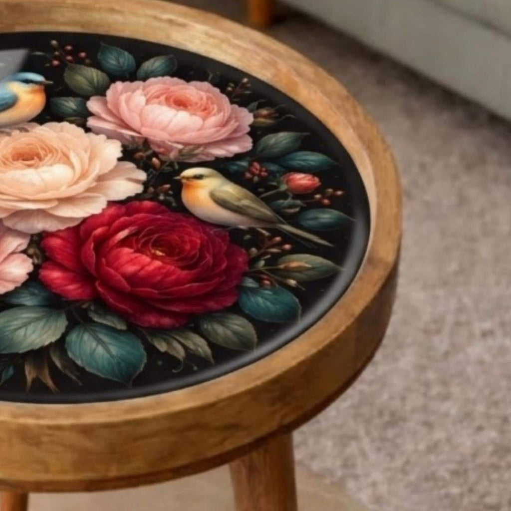 Handmade Mango Wood Side Stand | Floral Art Printed Round Accent Furniture