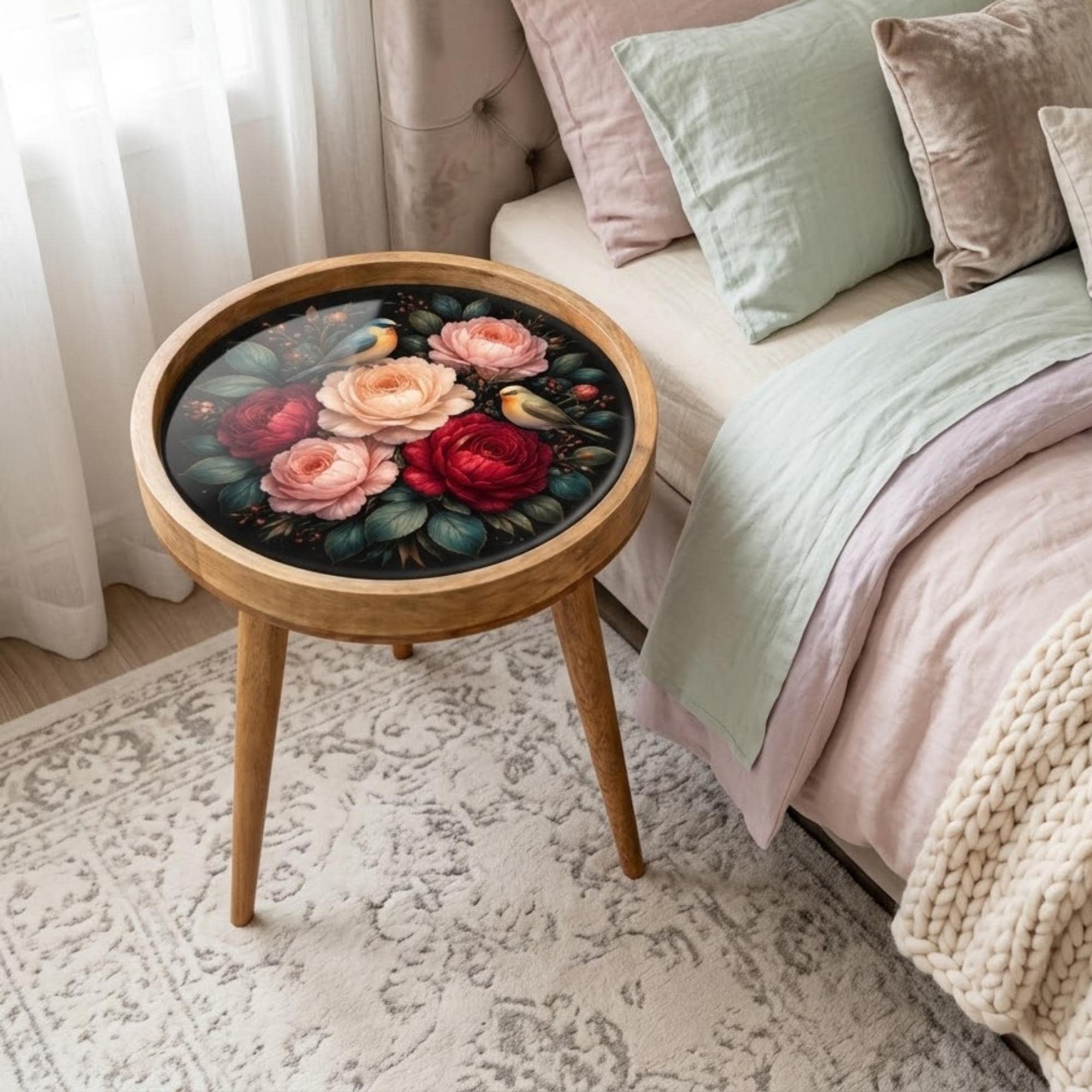 Handmade Mango Wood Side Stand | Floral Art Printed Round Accent Furniture