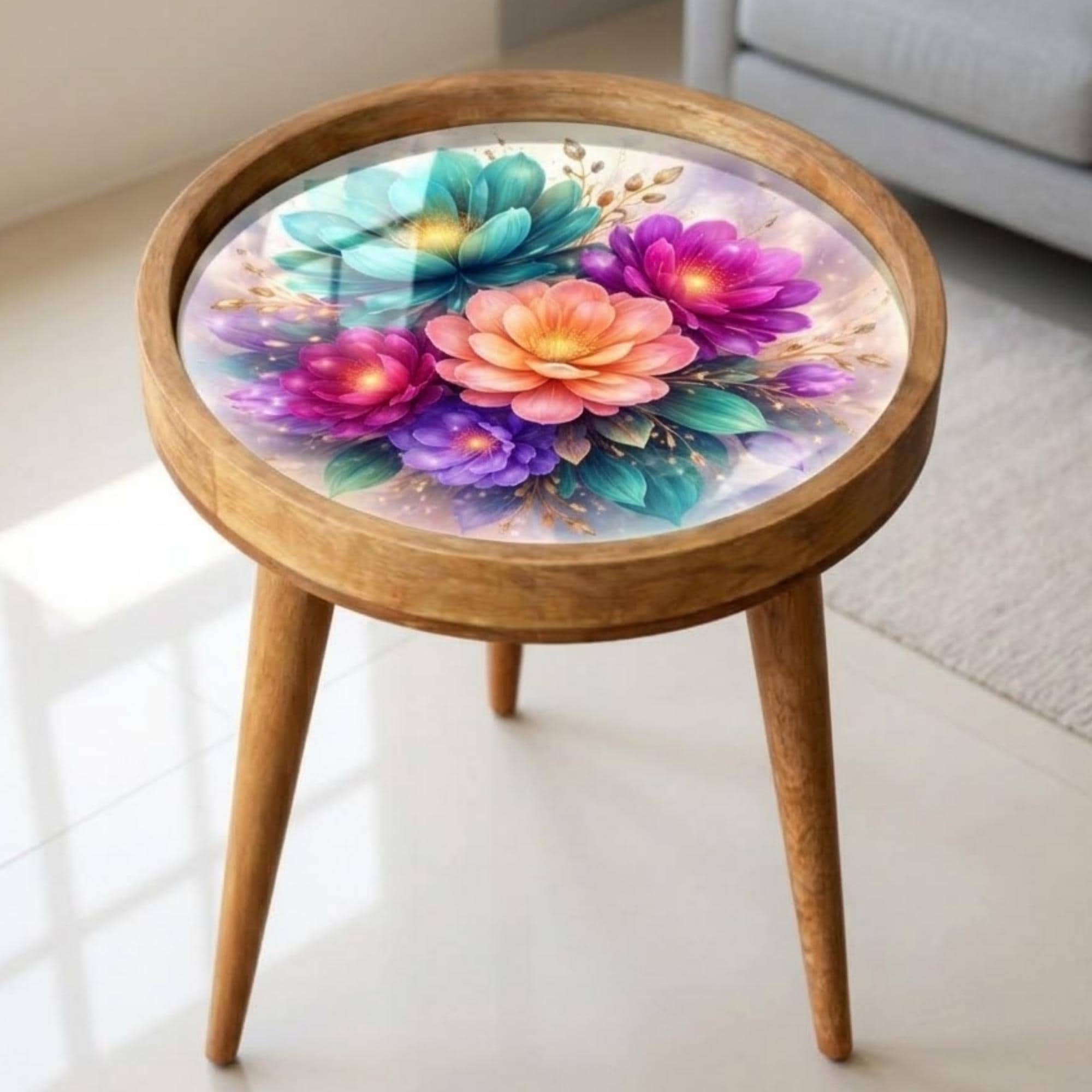 Handmade Floral Mango Wood Side Stand | Round End Accent Furniture | Printed Boho Bedside Decor