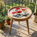Handmade Poppy Floral Mango Wood Side Stand | Round Printed Accent Table | Boho Bedside Decor